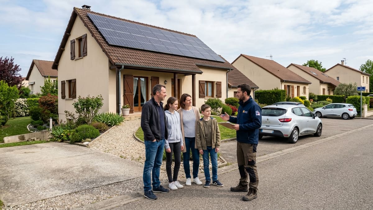 Famille devant une maison avec panneaux photovoltaïques et un installateur RGE