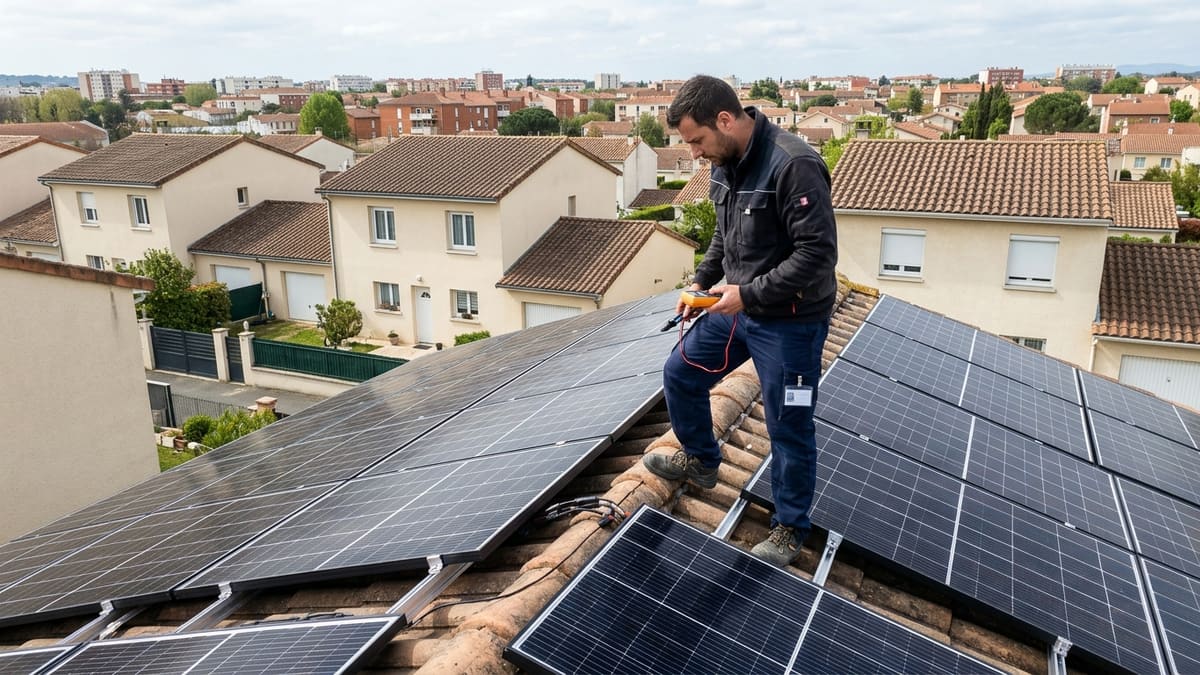 Un installateur photovoltaïque RGE inspectant un toit avec des panneaux solaires à Toulouse