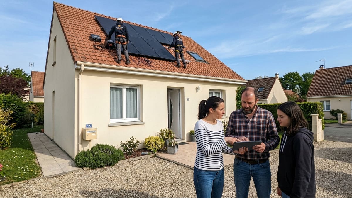 ALT FR — Famille regardant des installateurs de panneaux photovoltaïques sur leur toit, comparant les prix